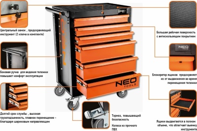 Инструментальная тележка NEO Tools 6 ящиков с набором инструмента 141 шт 84-221+G