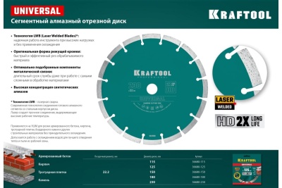 Диск алмазный сегментный по железобетону и бетону KRAFTOOL Universal 180х22 мм 36680-180