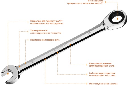 Комбинированный гаечный трещоточный ключ Зубр ПРОФИ 27074-30