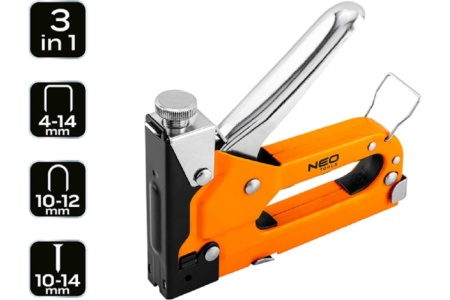 Степлер NEO Tools 3 в 1, 4-14 мм, скобы G, L, E, сталь, регулировка удара 16-031