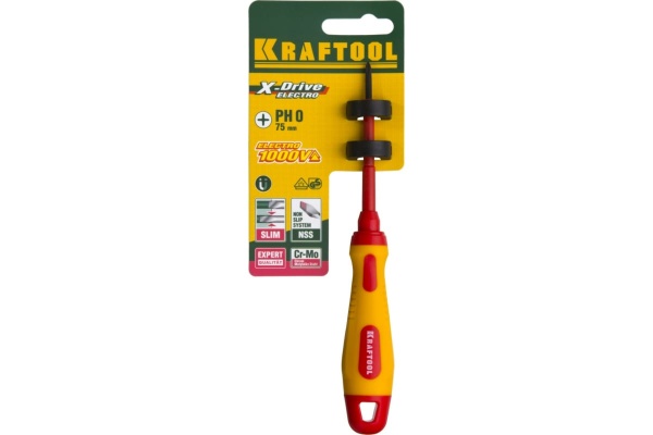 Отвертка KRAFTOOL высоковольтная, Cr-Mo-V стержень, двухкомп. маслобензостойкая рукоятка, PH №0, 60мм 250084-0-060