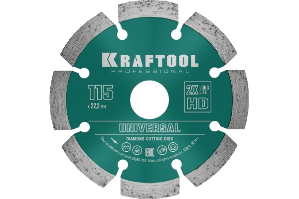 Диск алмазный сегментный по железобетону и бетону KRAFTOOL Universal 115х22 мм 36680-115