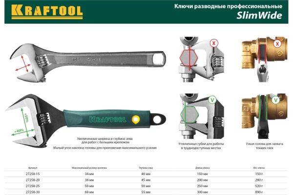 Разводной ключ KRAFTOOL SlimWide Cr-V, 150 мм/6", 34 мм 27258-15