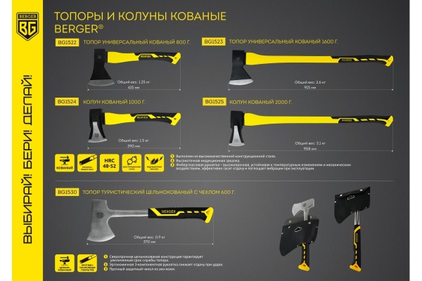 Кованый колун Berger BG 2000 г, фибергласовая рукоятка BG1525