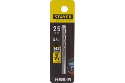 Сверло по металлу DIN 338 Professional (2.5х57х30 мм; HSS-R; М2) Stayer 29602-2.5