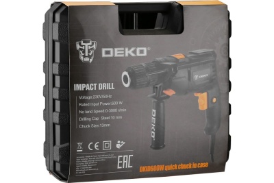 Ударная сетевая дрель DEKO DKID600W в кейсе с быстрозажимным патроном, 600 Вт, 50 Нм, 3000 об/мин, 063-4163
