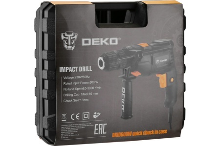 Ударная сетевая дрель DEKO DKID600W в кейсе с быстрозажимным патроном, 600 Вт, 50 Нм, 3000 об/мин, 063-4163