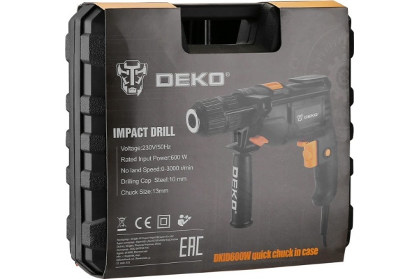Ударная сетевая дрель DEKO DKID600W в кейсе с быстрозажимным патроном, 600 Вт, 50 Нм, 3000 об/мин, 063-4163
