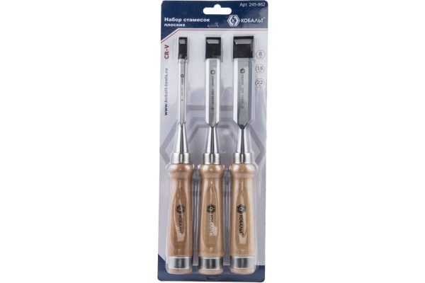 Набор плоских стамесок: 8, 16, 22мм, длина 140мм, CR-V, деревянные рукоятки, 3шт КОБАЛЬТ 245-862