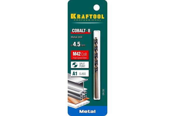 Сверло по металлу COBALT HSS-Co 8% сталь М42 (4.5х80 мм) Kraftool 29656-4.5