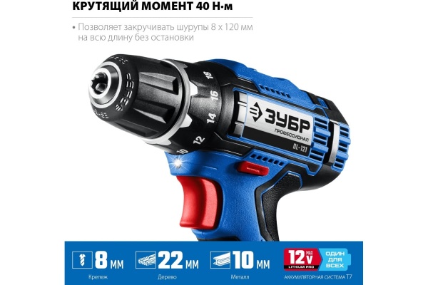 Дрель-шуруповерт ЗУБР Профессионал 12В + LED-фонарь, 2 АКБ 2Ач DL-121-22F