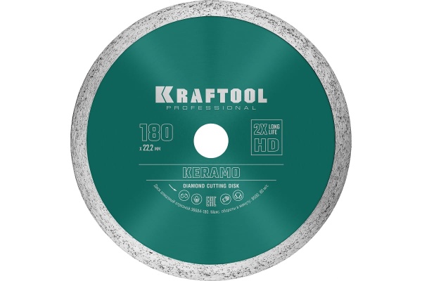 Диск алмазный отрезной сплошной по керамограниту KRAFTOOL Keramo 180х22 мм 36684-180
