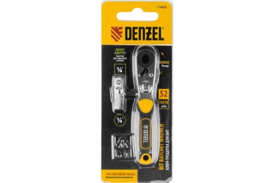 Ключ-трещотка для бит 1/4" Denzel 52 зуба, CrMo, адаптер для торцевых головок 11633