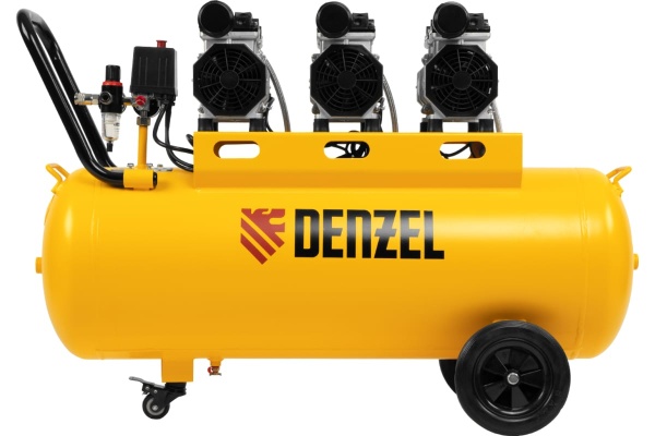 Безмаслянный малошумный компрессор Denzel DLS 1800/100,1800 Вт, 3x600, 100 л, 345 л/мин 58028