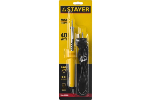 Паяльник Stayer MASTER с пластмассовой рукояткой и долговечным жалом 40 Вт конус 55305-40