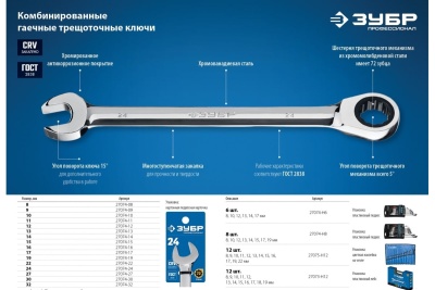 Комбинированный гаечный трещоточный ключ Зубр ПРОФИ 27074-24