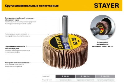 Круг шлифовальный лепестковый на шпильке STAYER P60, 50x20 мм 36607-060