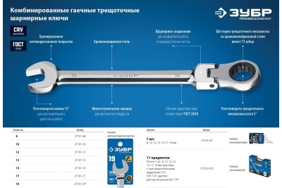 Комбинированный гаечный ключ трещоточный шарнирный Зубр ПРОФЕССИОНАЛ 27101-17